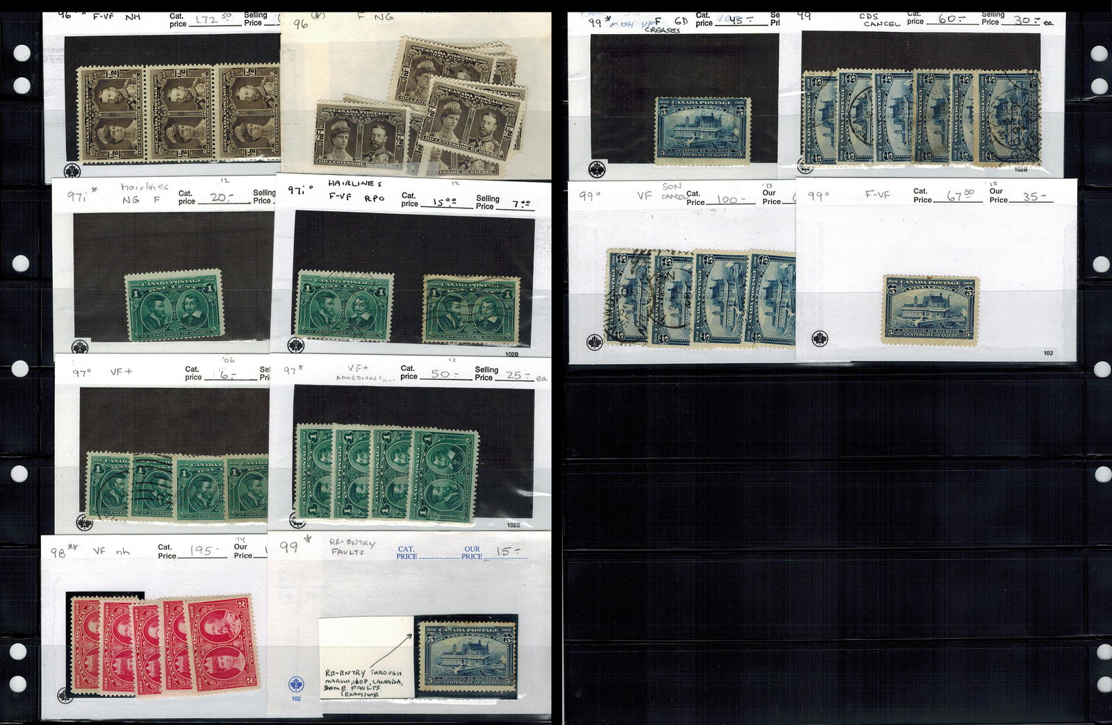 Canada 1908, #96 /#99, a duplicated mint and used accumulation in 102s (1 of 3)
