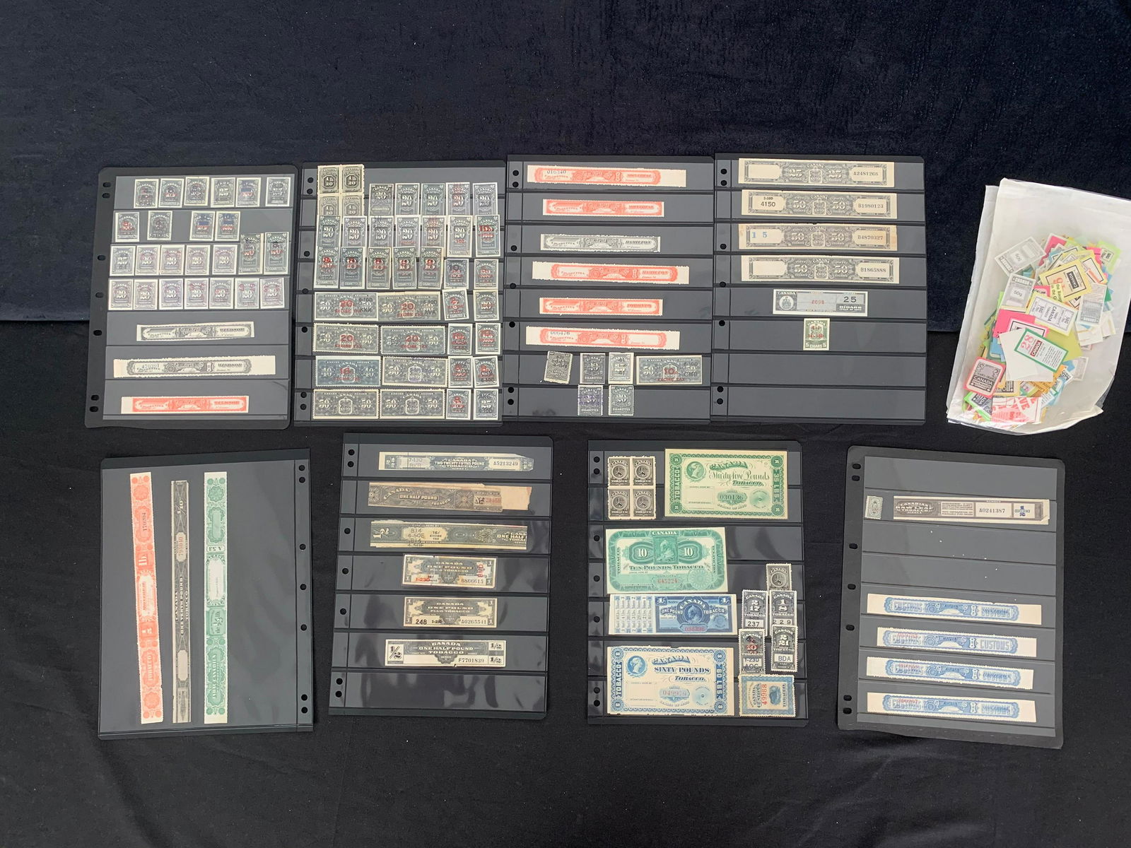 Canada Tobacco Stamps 1880s to 1940s, a mainly used accumulation on stocksheets and packet (1 of 6)