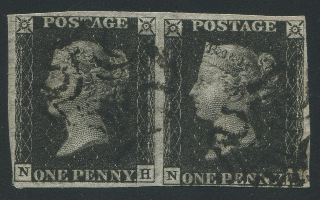 Great Britain 1840 #1, 1d black (NH-NI) horizontial pair, plate 5 (1 of 2)