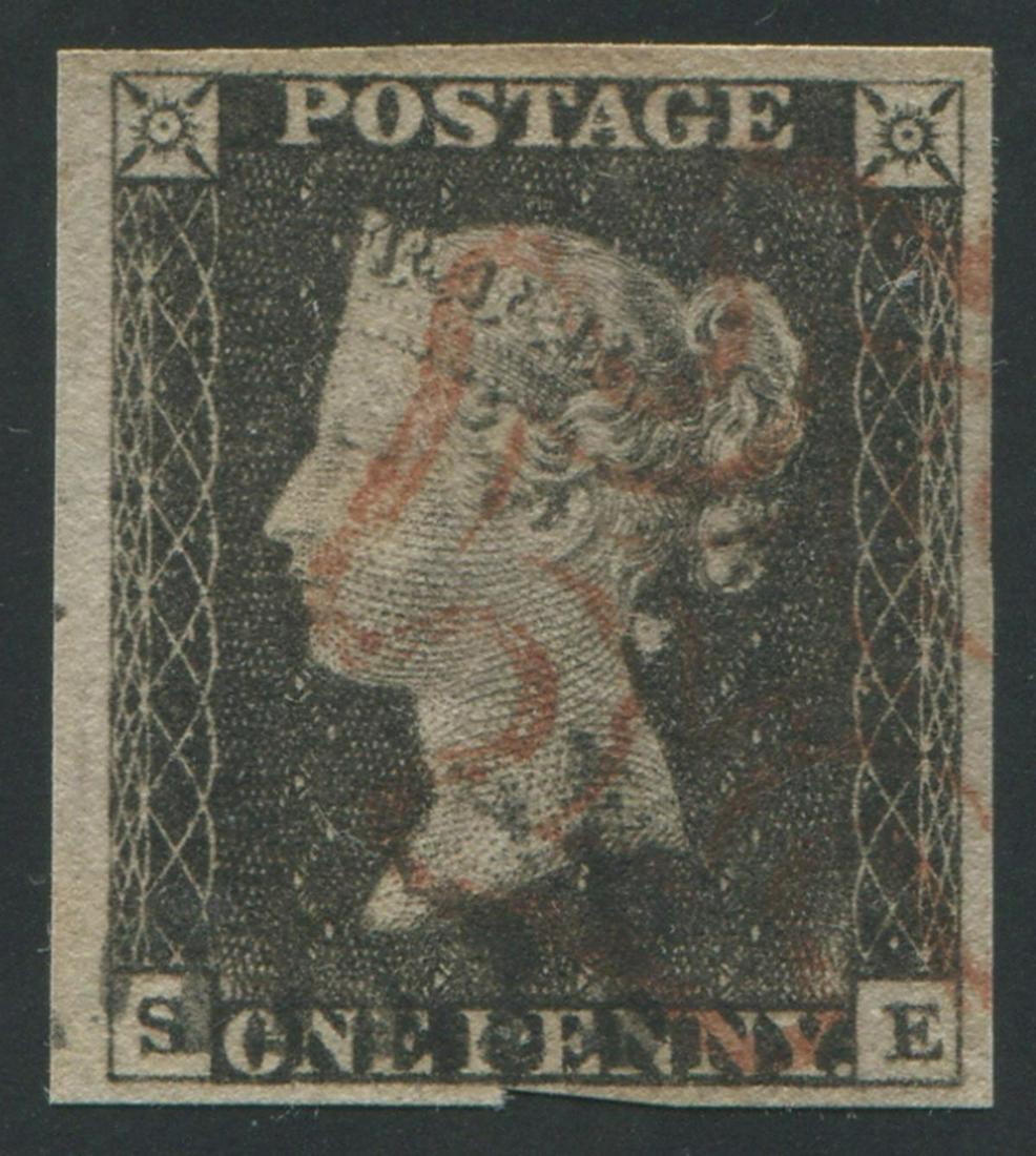 Great Britain 1840 #1, 1d black (SE), plate 4 , (1 of 2)