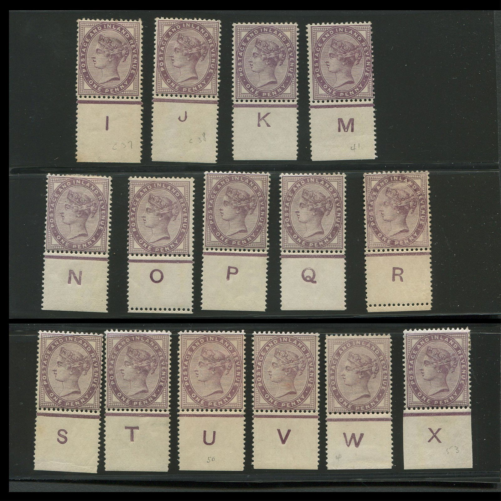 Great Britain 1881, #89, MH/MNH 1d lilac (16 dot) group of 15 with control letters 'I to X', some (1 of 2)