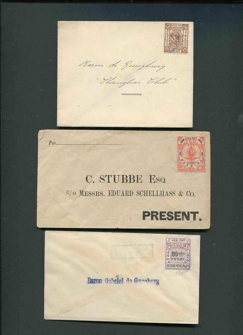 China Local Post - Shanghai 1893, three covers (1) has a blue boxed 'Too Pay' with 20c postage due, (1 of 2)