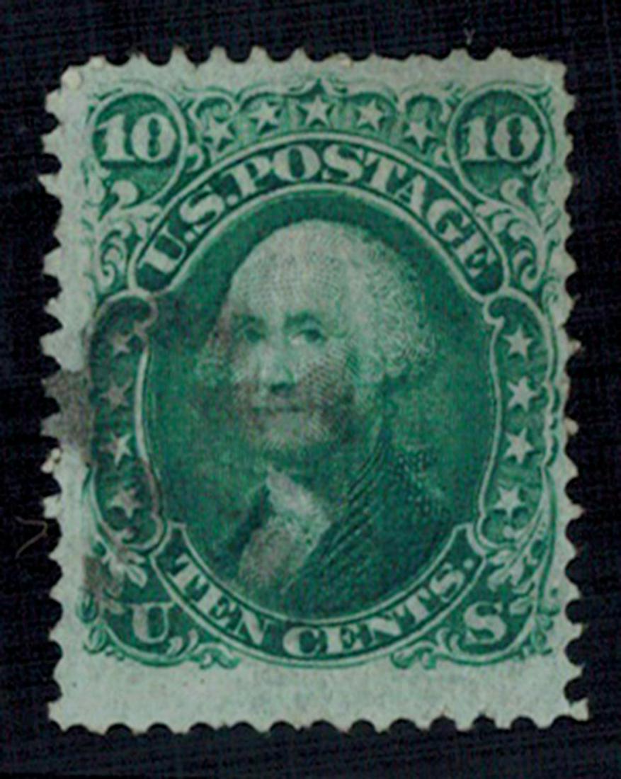 USA 1868 #96 10c Dark Green Used Fine: USA 1868 #96 10c Dark Green Used Fine. Lightly cancelled, jumbo bottom margin. A couple pulled perfs, and 2 folded perfs UR. Scott- $250.