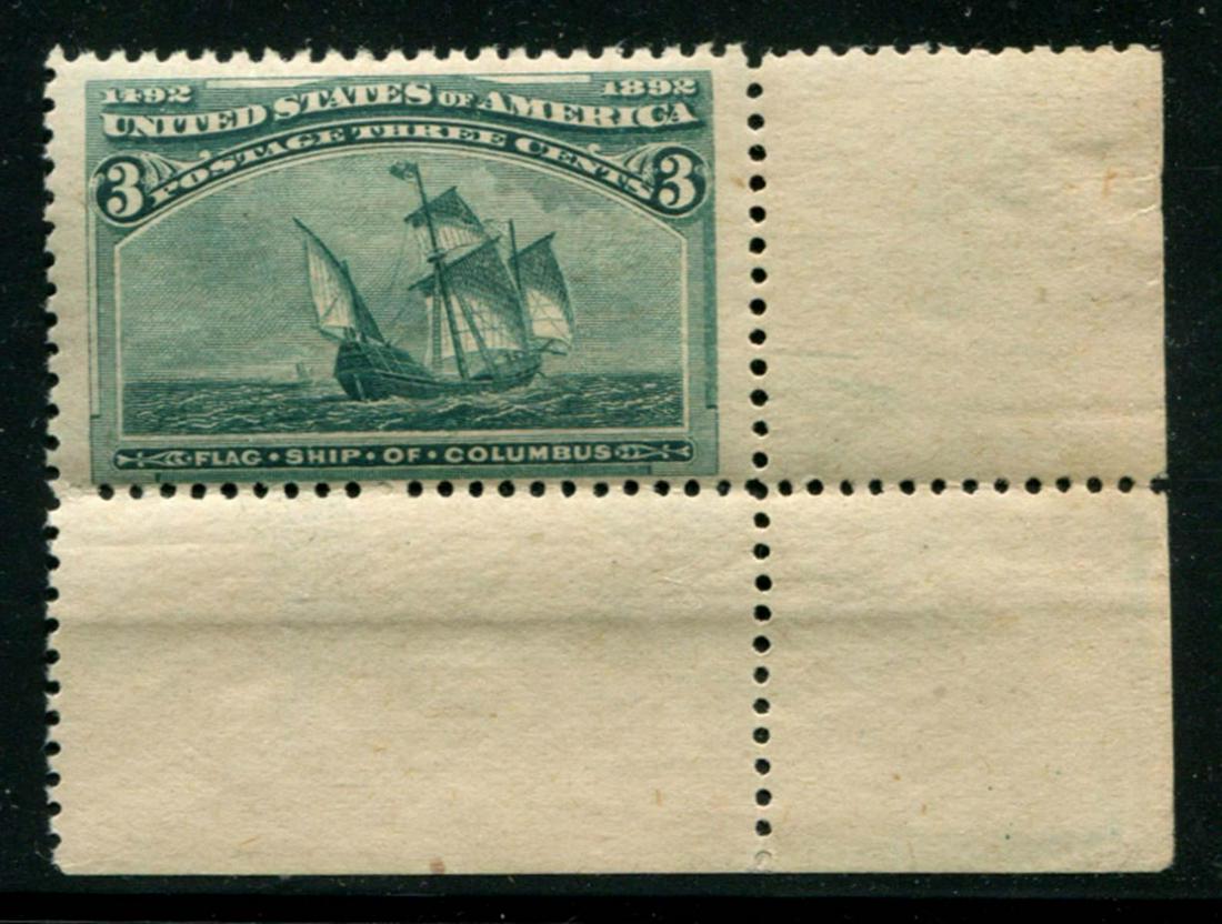 USA 1893 #232 3c Green F MNH: USA 1893 #232 3c Green F MNH. A very eye appealing LR margin example without any separations. Tighter at bottom, but clear, with very large to jumbo left and right margins. Scott- $97.50+