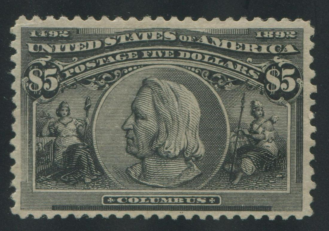 USA 1893 #245 $5 Black Mint: USA 1893 #245 $5 Black Mint, with the slightest of disturbance to the gum. Very sharp impression and an extremely attractive example of this top value Columbian. Scott- $2,300