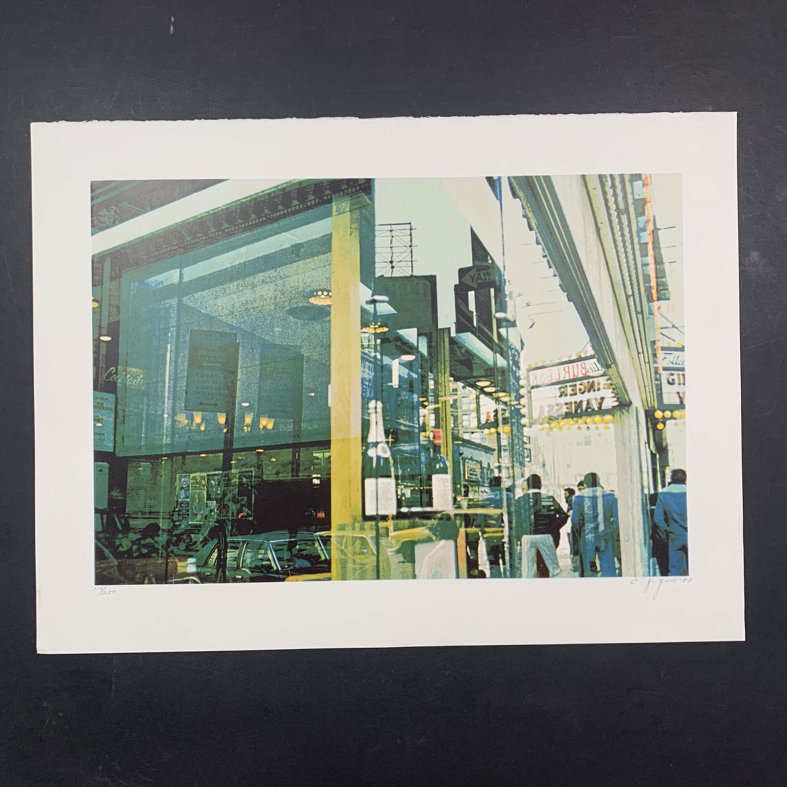 C.J. Yao's "Liquor Store Reflection" Limited Edition Print: C.J. Yao's "Liquor Store Reflection" limited edition print, signed lower right and numbered 110/250 lower left. This piece is a scene in downtown New York, as a reflection from a liquor store's front