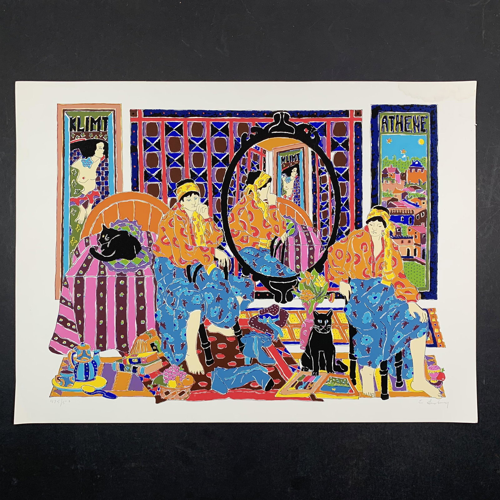 Estelle Ginsburg's "Klimt" Limited Edition Print: Estelle Ginsburg's "Klimt" limited edition print, signed lower right and numbered 475500 lower left. This piece is of two women sitting a cluttered room in the home, with one woman's reflection promin