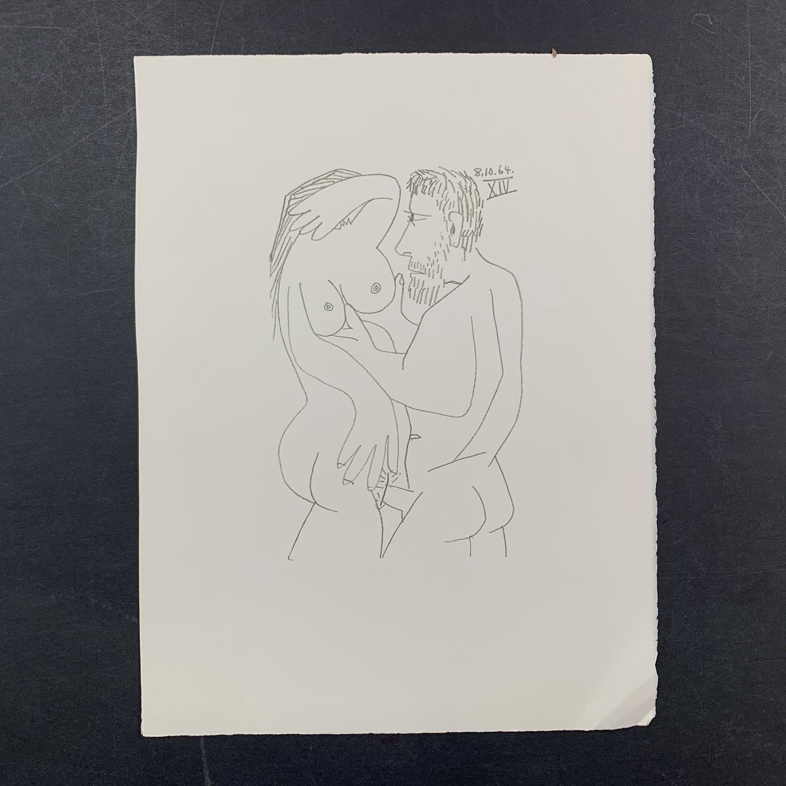 Pablo Picasso's "Le Gout de Bonheur 8.10.64. XIV" Limited Edition Print: Pablo Picasso's "Le Gout de Bonheur 8.10.64. XIV" limited edition print. This piece is of an aroused nude man, embracing a nude woman, holding her breasts. This piece is in great condition, with a min