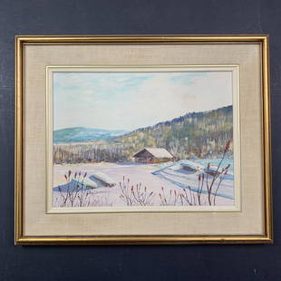 Guy Laliberte Original: Guy Laliberte's "Le Shack", circa 1979, original acrylic on canvas board painting, signed and dated lower left. This piece is of a scene of a cabin in the winter, with a large mountainous forest in th