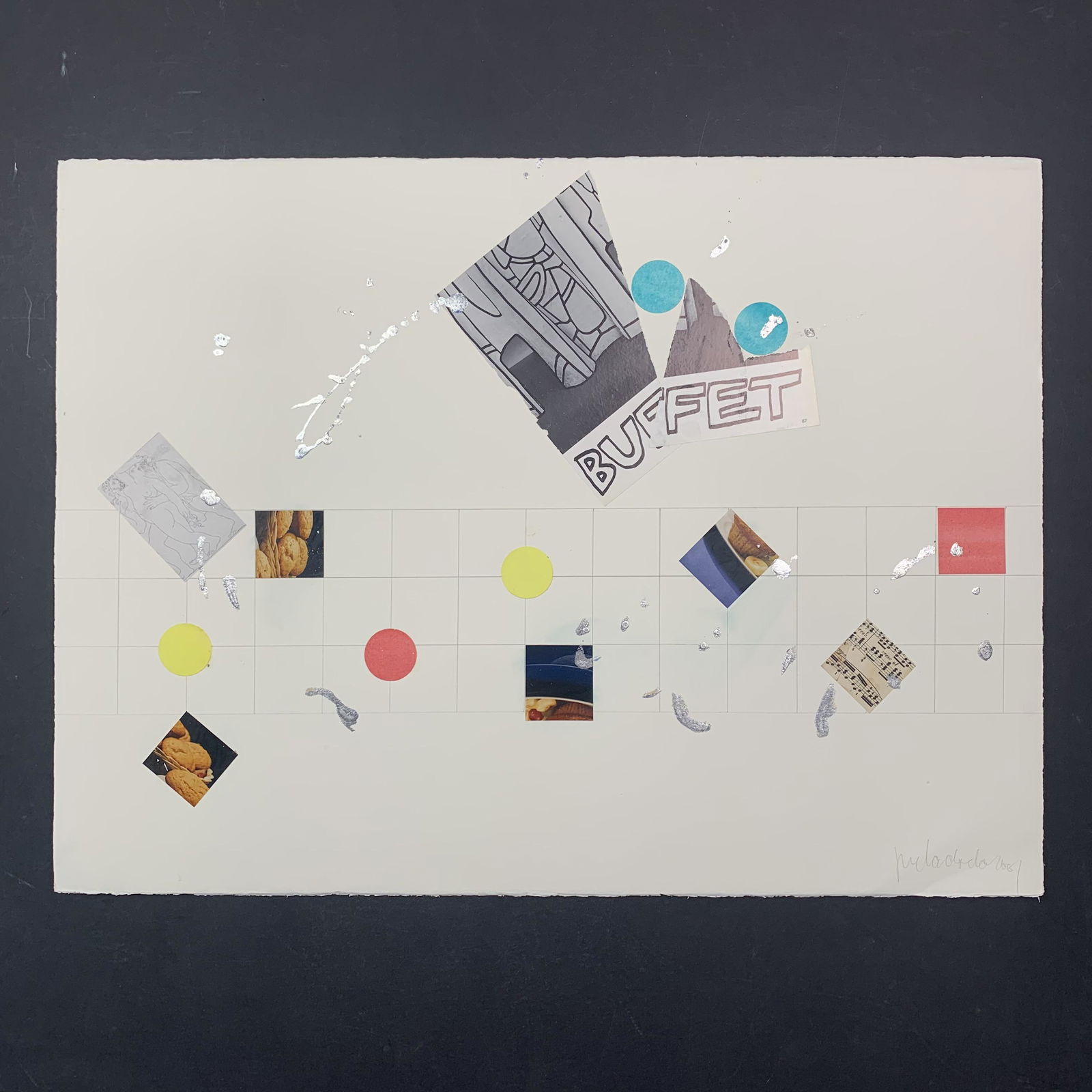 Jiri Ladocha Original: Jiri Ladocha original mixed media on paper, circa 2001, signed and dated lower right. Done in Ladocha's signature style of creating a grid-like background, with different shapes, splatters, and design