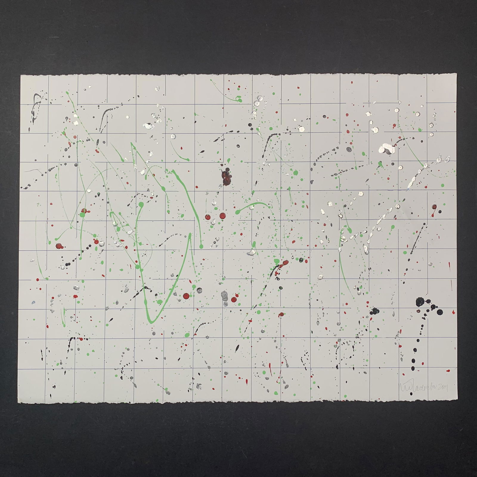 Jiri Ladocha Original: Jiri Ladocha original mixed media on paper, circa 2001, signed and dated lower right. Done in Ladocha's signature style of creating a grid-like background, with different shapes, splatters, and design