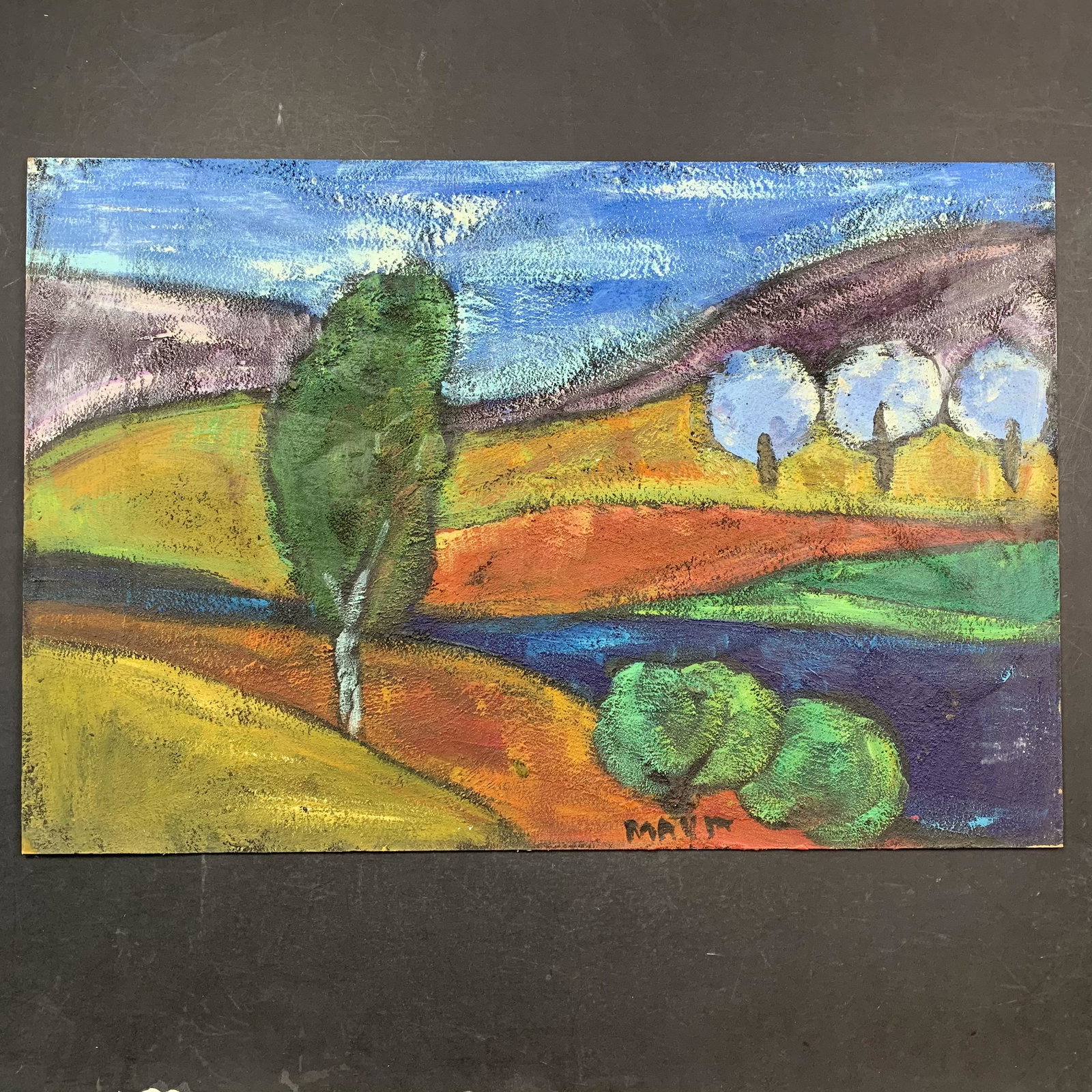Maya Eventov, Untitled, Original Oil on Board: Maya Eventov, Untitled, Original Oil on Board. This beautiful landscape scene is full of color. The artist has added some rich texture to this painting. It is in excellent condition. Image: 24" x 36".
