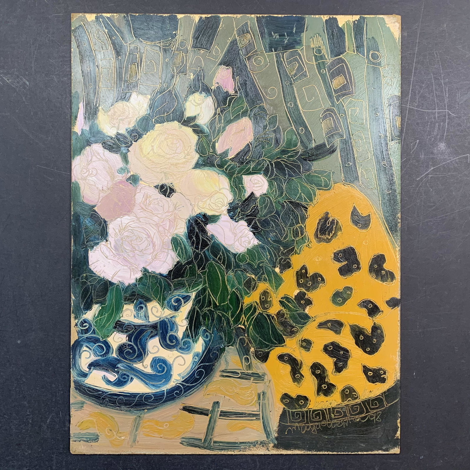 Maya Eventov, Untitled, Original Oil on Board: Maya Eventov, Untitled, Original Oil on Board. A floral composition made of pink, white and yellow roses. The artist has added some rich texture to this painting. It is in excellent condition. Image: 