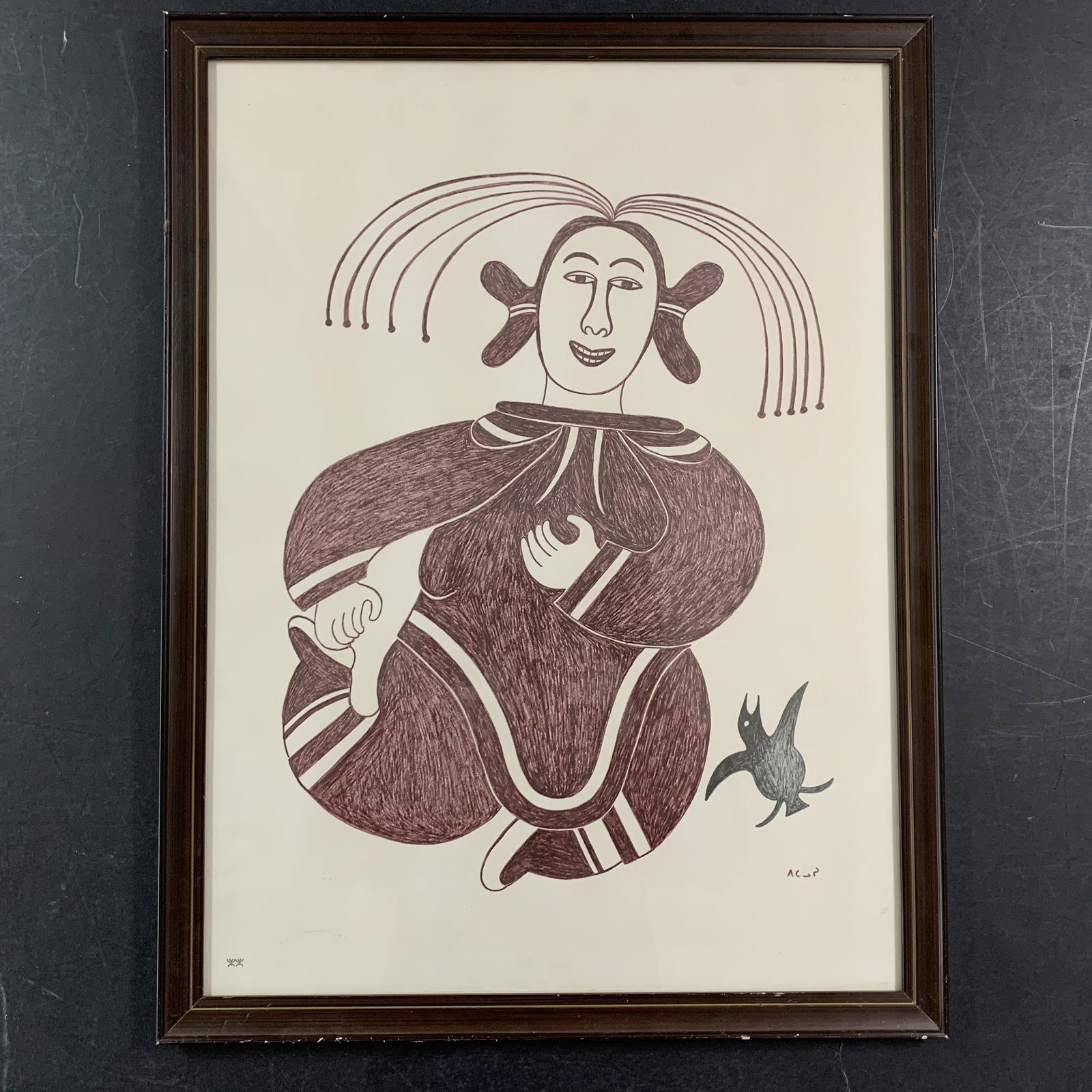 Unknown Aboriginal Artist: An original painting by an unknown artist, signed lower right. This piece is of an Aboriginal woman, with a small bird at her side. This piece has been custom framed under glass. Image: 16 1/2" x 12 1