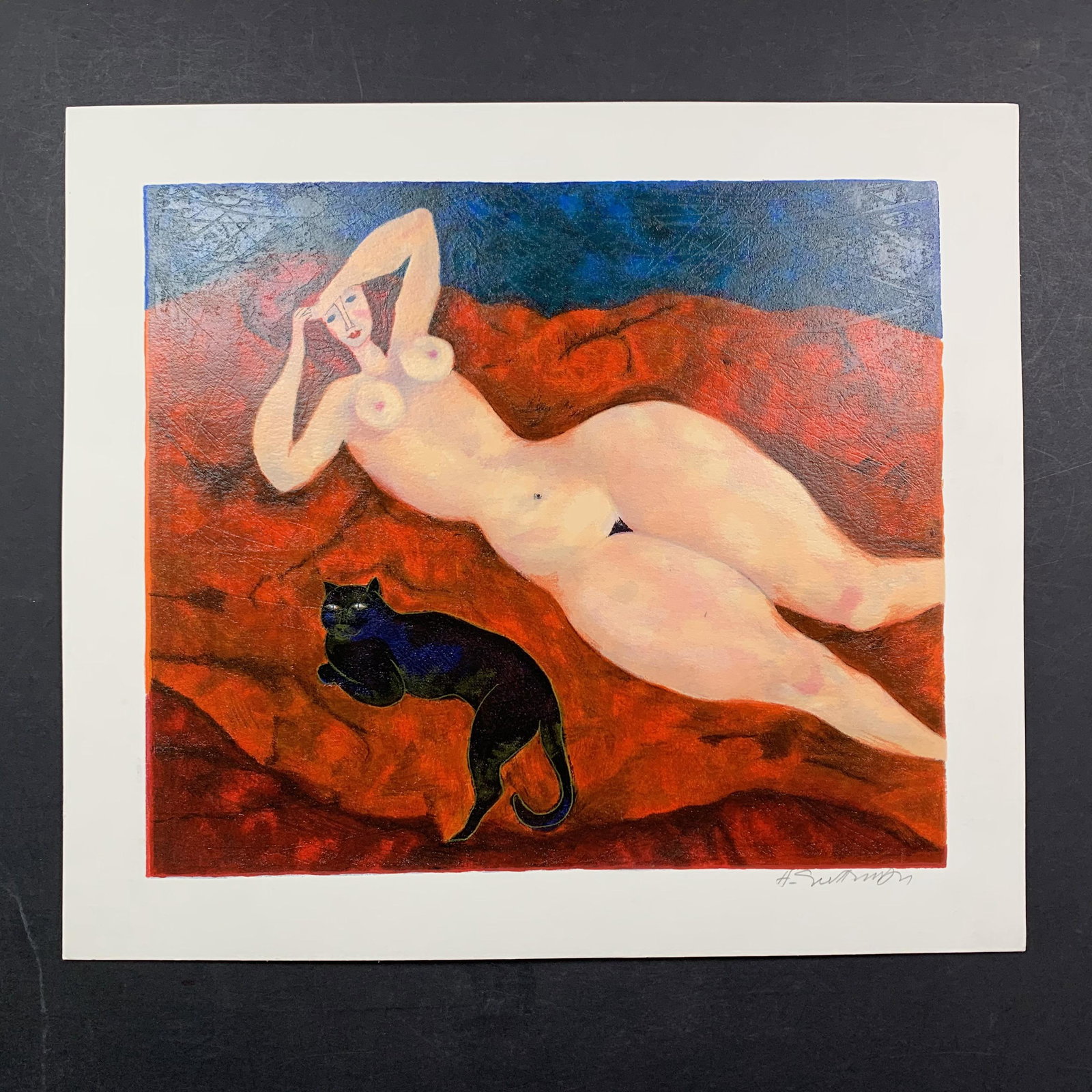 Harry Guttman's "Felines" Limited Edition Serigraph: Harry Guttman's "Felines" Limited Edition Serigraph. A nude woman lies on the couch with her favorite feline - a black panther. This piece is signed on the lower right corner. It is in excellent condi