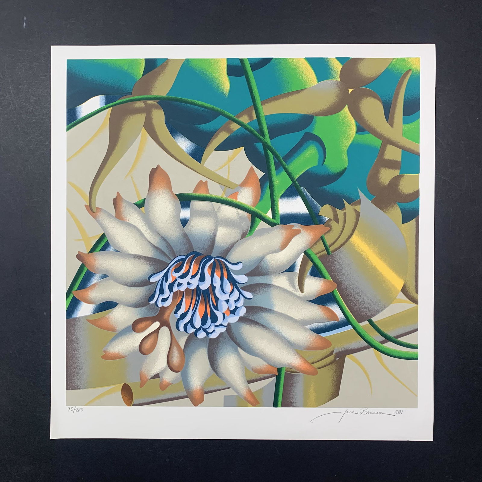 Jack Brusca's "Morning Flower" Limited Edition Print: Jack Brusca's "Morning Flower" limited edition print, signed and dated lower right and numbered 73/200 lower left. This piece is of a close up of a flower. This piece is in excellent condition. Image:
