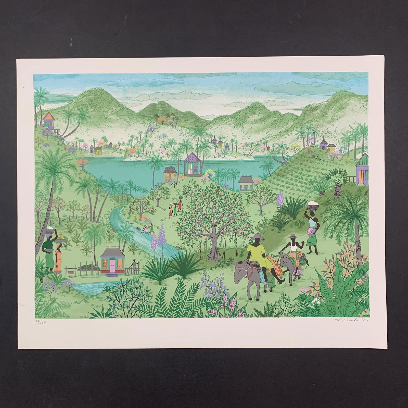 Jack Hofflander's "Donkey Ride" Limited Edition Print: Jack Hofflander's "Donkey Ride" limited edition print, signed and dated lower right, and numbered 79/250 lower left. This piece is of a family riding a pair of donkeys in the foreground, and a beautif