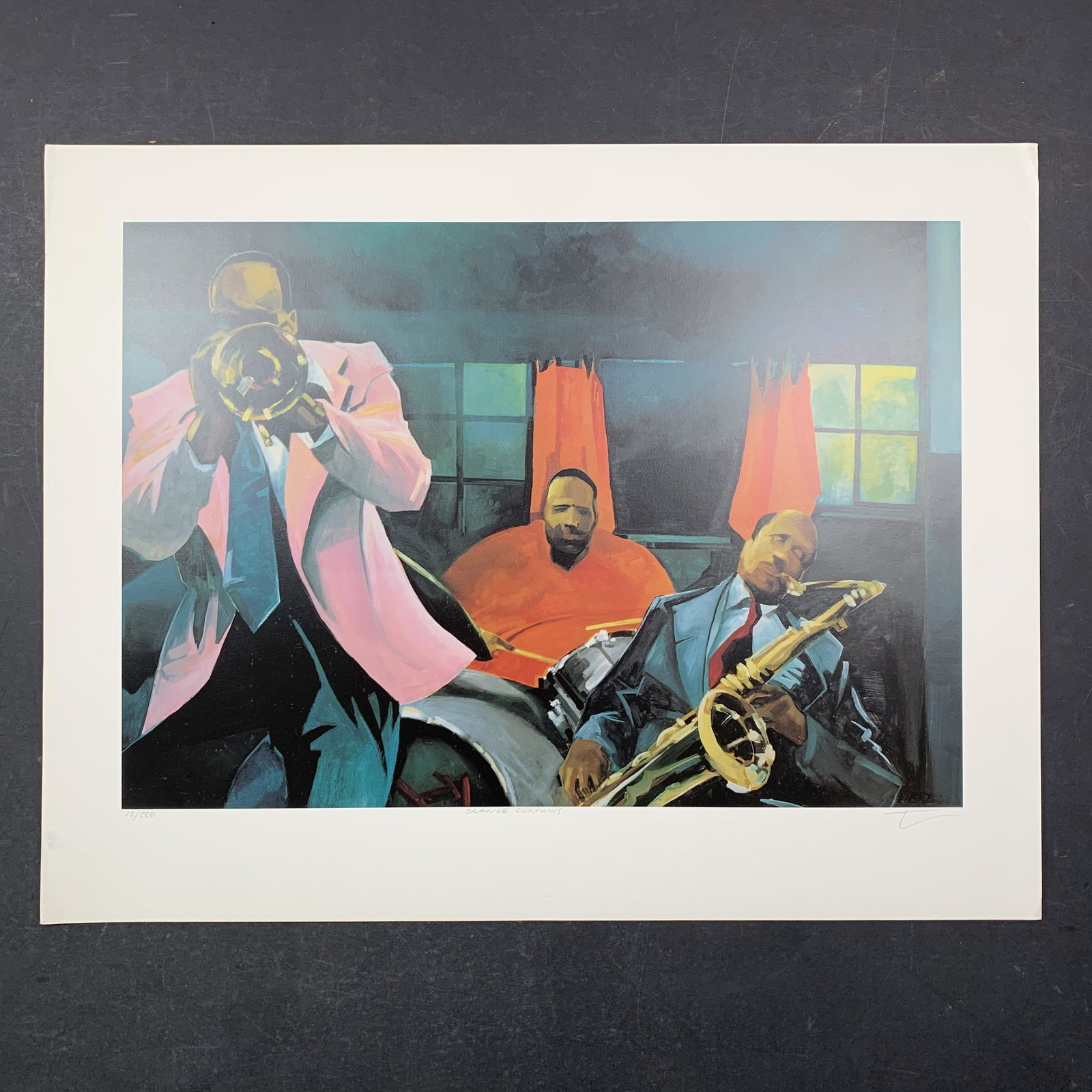 Jason's "Orange Curtains" Limited Edition Print: Jason's "Orange Curtains" Limited Edition Print. Several jazz musicians play their instruments in front of an open window with orange curtains. This piece is signed in the lower right, numbered 12/550