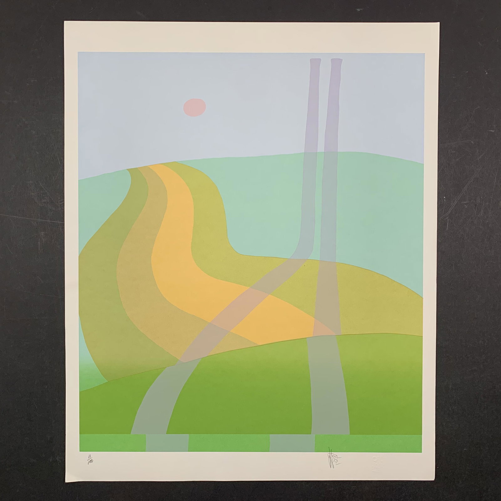 Justine Nunoz Limited Edition Print: A limited edition print by Justine Nunoz, signed lower right and numbered 11/100 lower left. This piece is of a green and yellow pathway, going off into the distance. This piece is in near excellent c