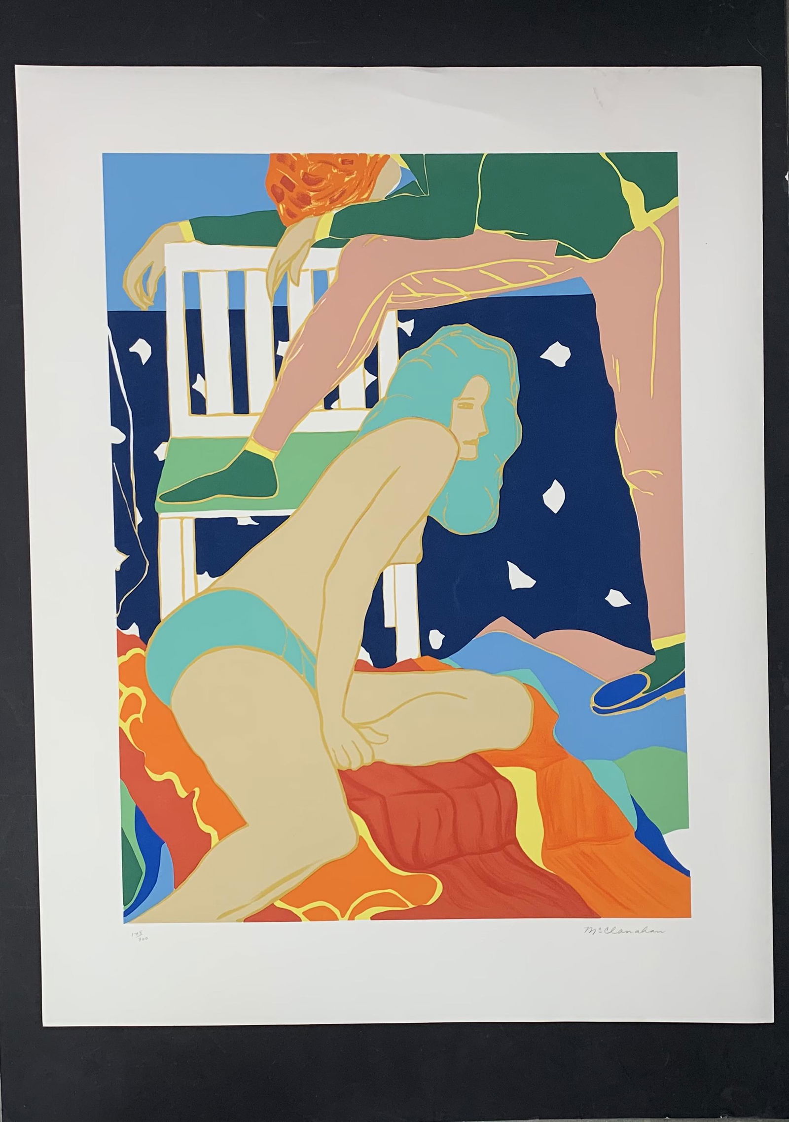 Marion McClanahan's "Ladder Girl" Limited Edition Print: Marion McClanahan's "Ladder Girl" Limited Edition Print. A partially nude woman sits down while a man has his leg on a chair. Signed in the lower right corner and numbered 145/300 in the lower left. T