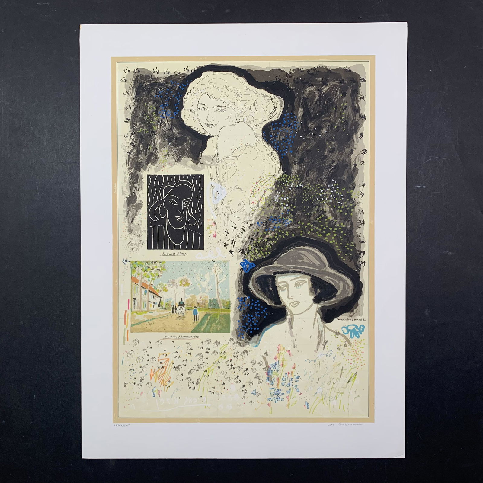 Michael Eisemann's "Portrait of a Woman" Limited Edition Print: Michael Eisemann's "Portrait of a Woman" limited edition print, signed lower right and numbered XX/CXXV lower left. This piece is of a few pictures of a woman, with and without a hat. This piece is in