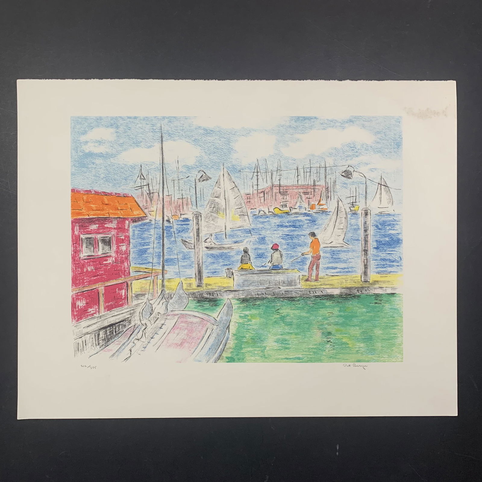 Pat Berger's "Fishing Dock" Limited Edition Print: Pat Berger's "Fishing Dock" Limited Edition Print. Kids are fishing off the pier while multiple boats bob and drift through the harbor. This piece is signed on the bottom right and numbered 212/375 on