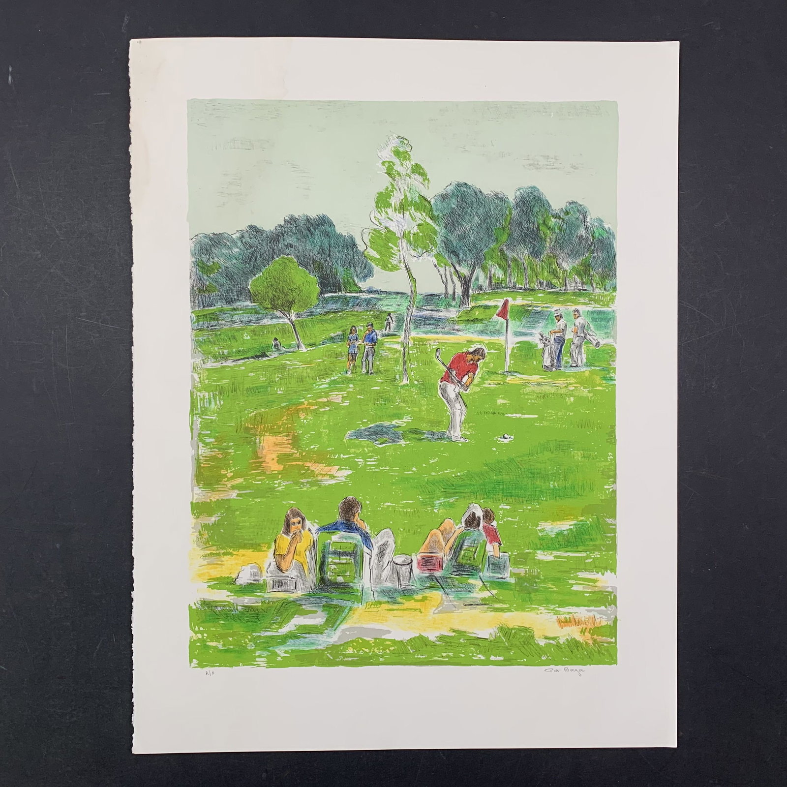 Pat Berger's "Golf" Limited Edition Print: Pat Berger's "Golf" Limited Edition Print. "FOUR!" A golfer is poised to make his shot while other people look on. This piece is signed on the bottom right and numbered AP on the lower left. There is 