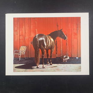 Richard McLean's "Kahlua Lark" Limited Edition Print: Richard McLean's "Kahlua Lark" limited edition print, signed lower right, and numbered 125/300 lower left. This piece is of a horse and a dog, against the side of red barn, and is in near excellent co