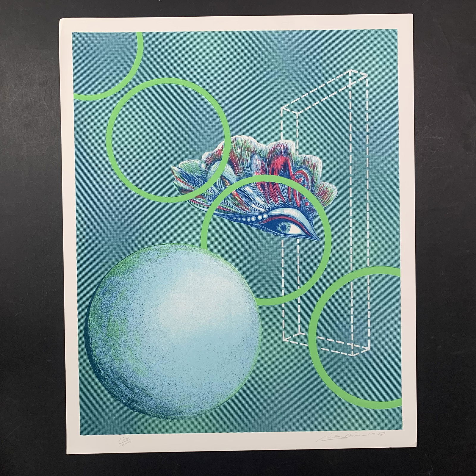 Rita Simon's "Reflected Landscape" Limited Edition Print: Rita Simon's "Reflected Landscape" limited edition print, signed lower right, and numbered 126/300 lower left. This is an abstract piece depicting a bird's eye, and circles. This piece is in near exce