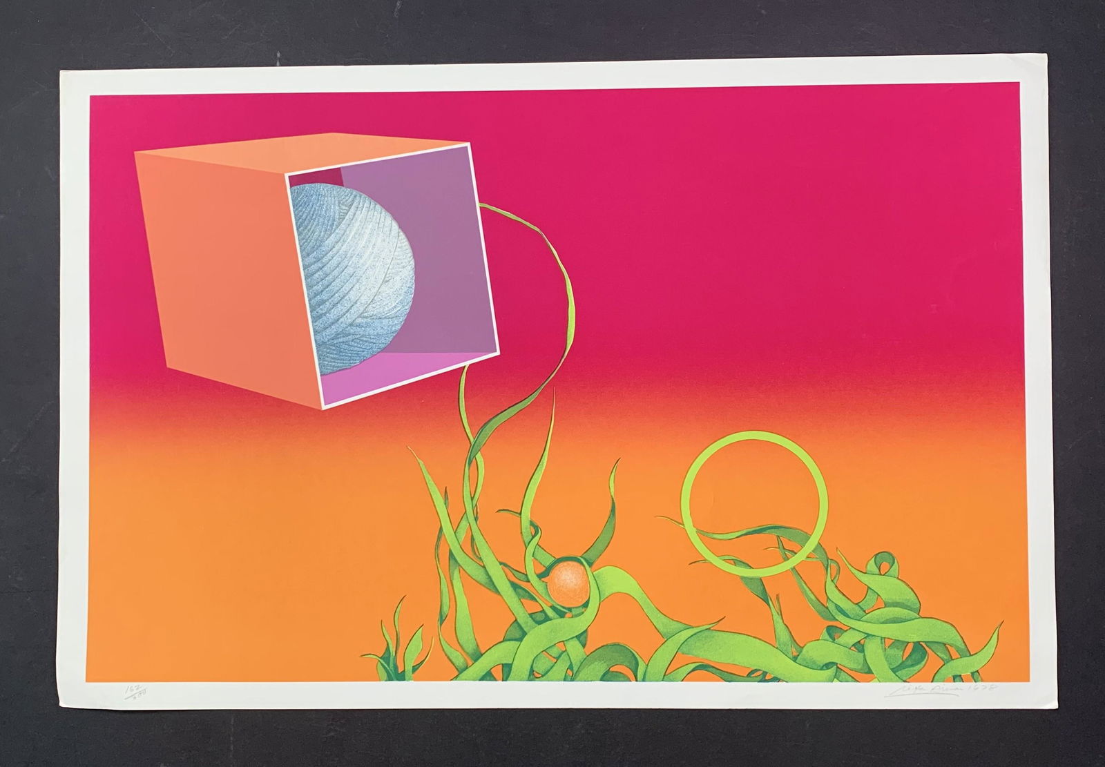 Rita Simon's "Visionary Landscape" Limited Edition Print: Rita Simon's "Visionary Landscape" limited edition print, signed and dated lower right, and numbered 162/300 lower left. A quite interesting, colourful piece, with blades of green grass, and a sphere