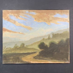 Richard Stipl's "Village Road" Original Landscape on Canvas: Richard Stipl's "Village Road" Original Landscape on Canvas. The road winds around the edge of the forest. This piece is signed and titled on the back and is in excellent condition Image: 24" x 30". C