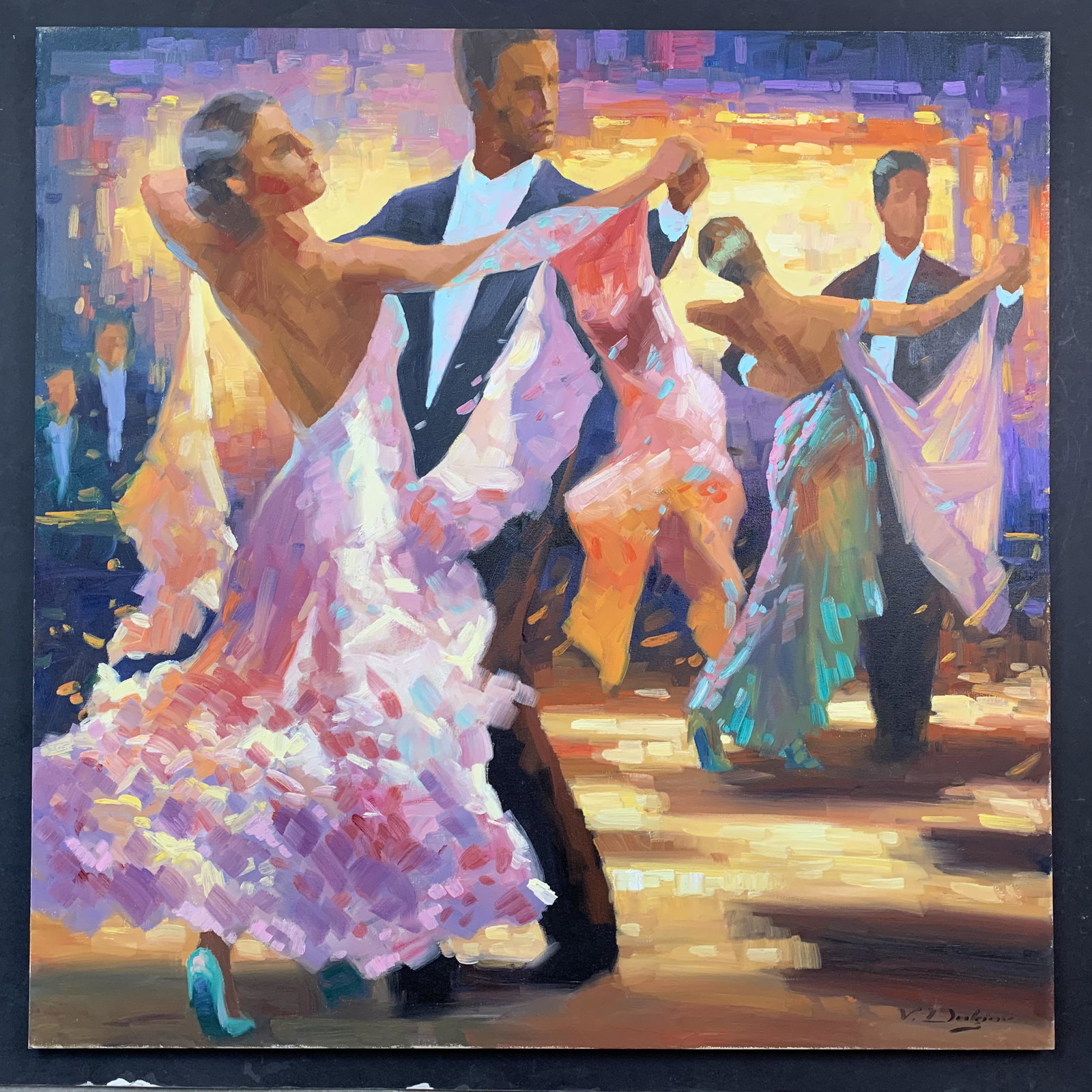 Vadim Dolgov, Untitled, Original on Canvas: Vadim Dolgov, Untitled, Original on Canvas. Three couples engaging in ballroom dancing. The women are wearing vibrant, colorful outfits. This piece is signed in the bottom left and is in excellent con