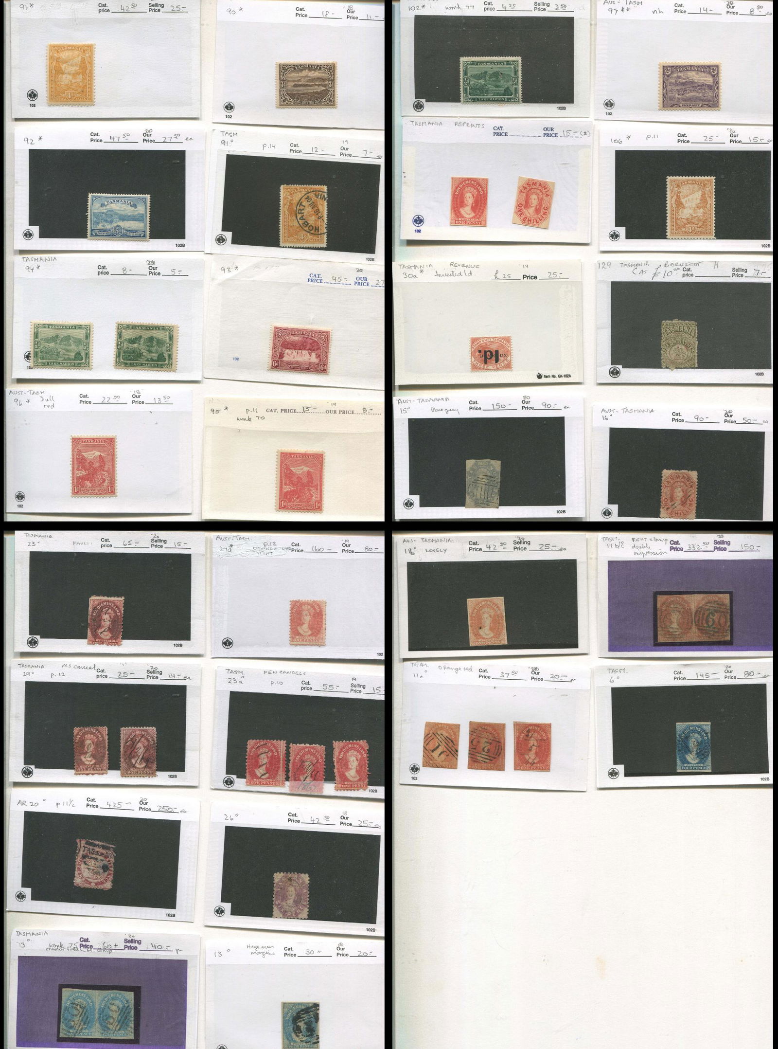 Australian States -Tasmania, 1855-1908, #6 / #102, a mint and used group in 102s (1 of 5)