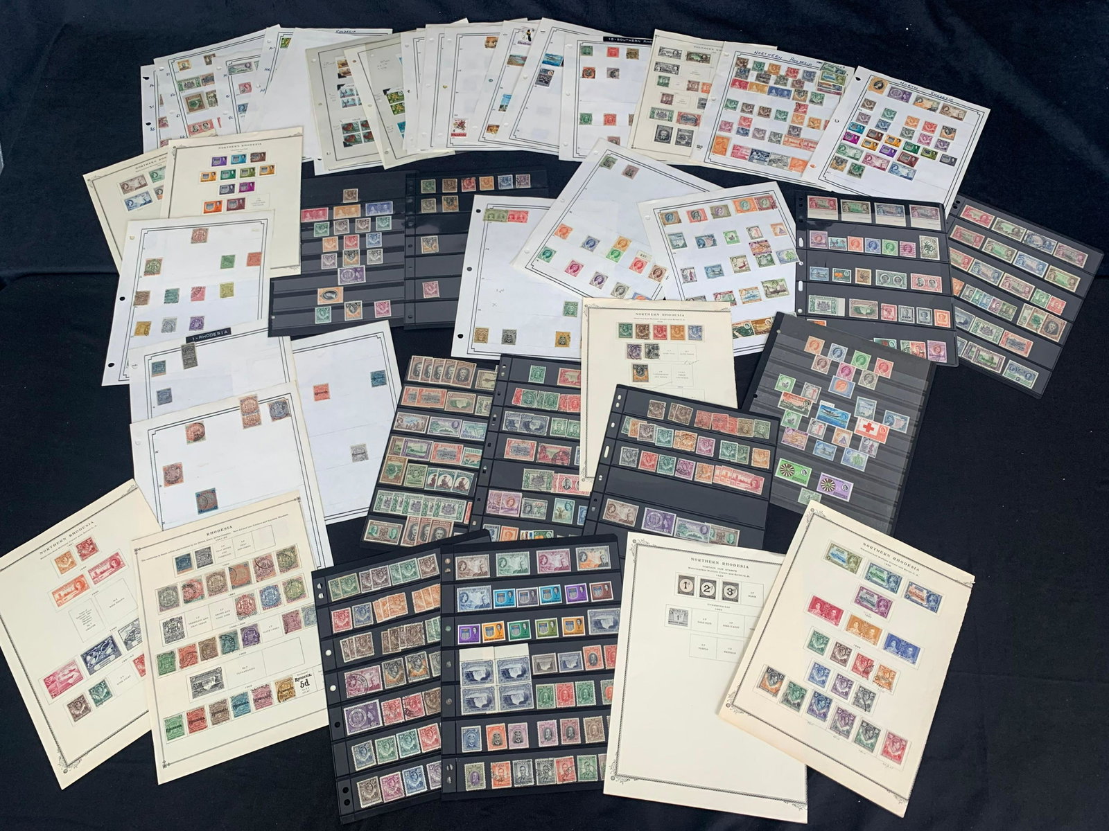 Rhodesia, Northern & Southern Rhodesia, 1924 to 1963 , a MH/MNH and used group on leaves and: Rhodesia, Northern & Southern Rhodesia, 1924 to 1953 , a MH/MNH and used group on leaves and stocksheets, Scott 2022 value $950+, some duplication otherwise appears mostly f-vf