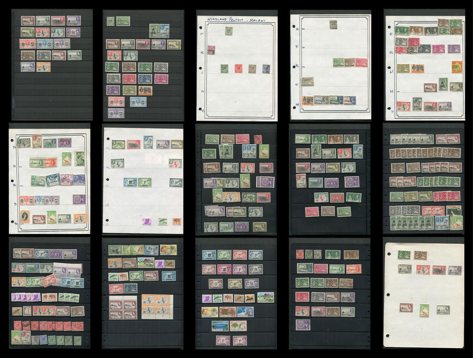 Nyasaland 1908 to 1964, #1 / #133, a MH and used accumulation on leaves and stocksheets (1 of 10)