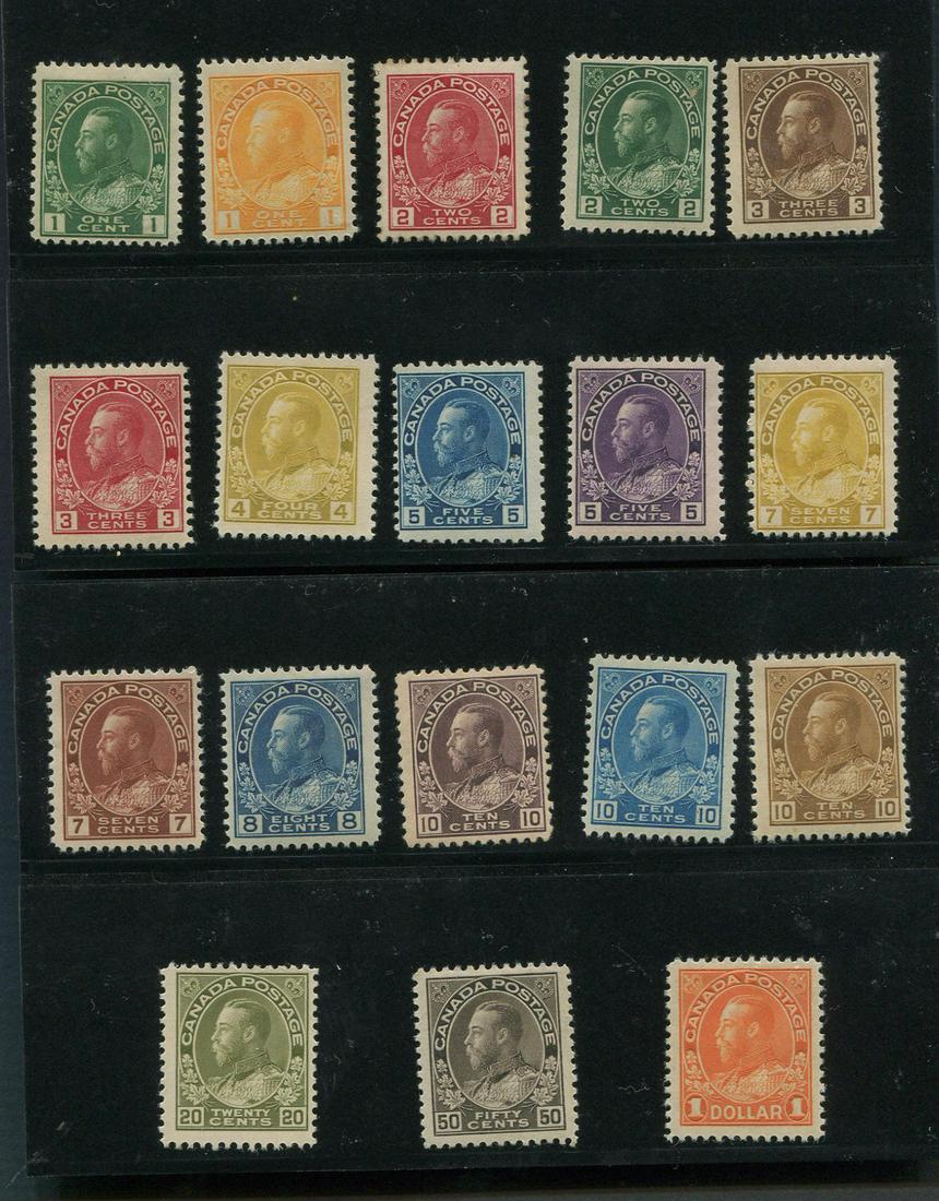 Canada 1911-1925 #104 -#122 Mint: An attractive, clean and fresh complete set of mint Admirals. #111 VG, #116 VG-F, #119 Fine, #120 VF, #122 VF. Total Unitrade by grade- $547 CAD ($411 USD).