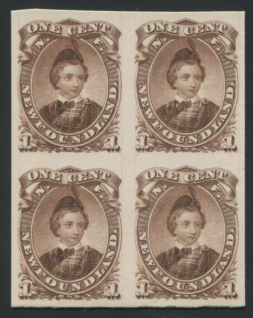 Canada-Newfoundland 1868-1894, 32TCiv, 1c chestnut brown block of four, plate proof, on India, on (1 of 2)