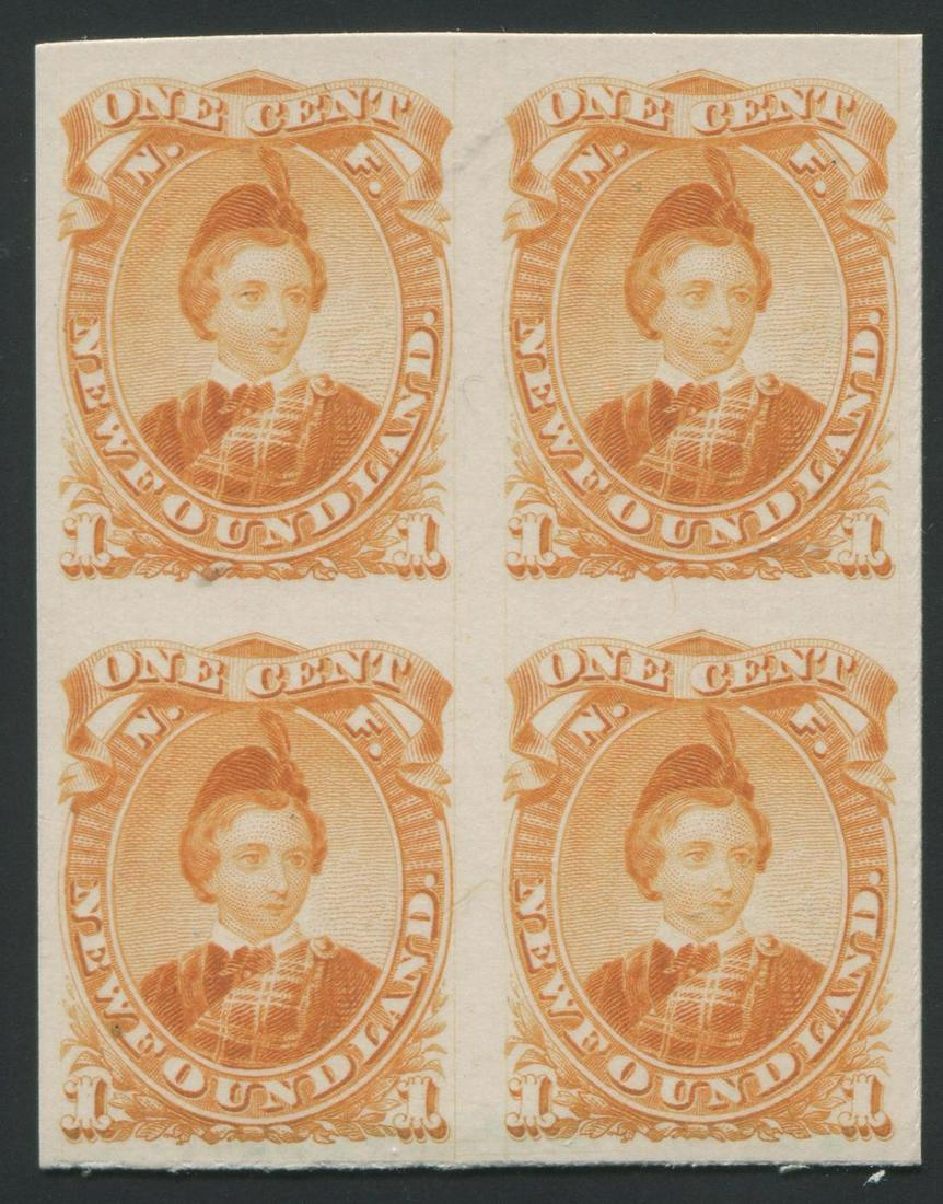 Canada-Newfoundland 1868-1894, 32TCvi, 1c yellow-orange block of four, plate proof, on India, on (1 of 2)