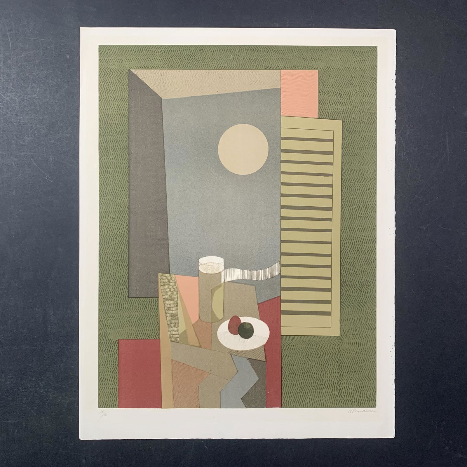 Andre Minaux's "Linge from the Helene Portfolio" Limited Edition Print: Andre Minaux's "Linge from the Helene Portfolio" Limited Edition Print. A table at the window holds a drink and something to eat in the moonlight. Signed on the bottom right and numbered 104/150 on th