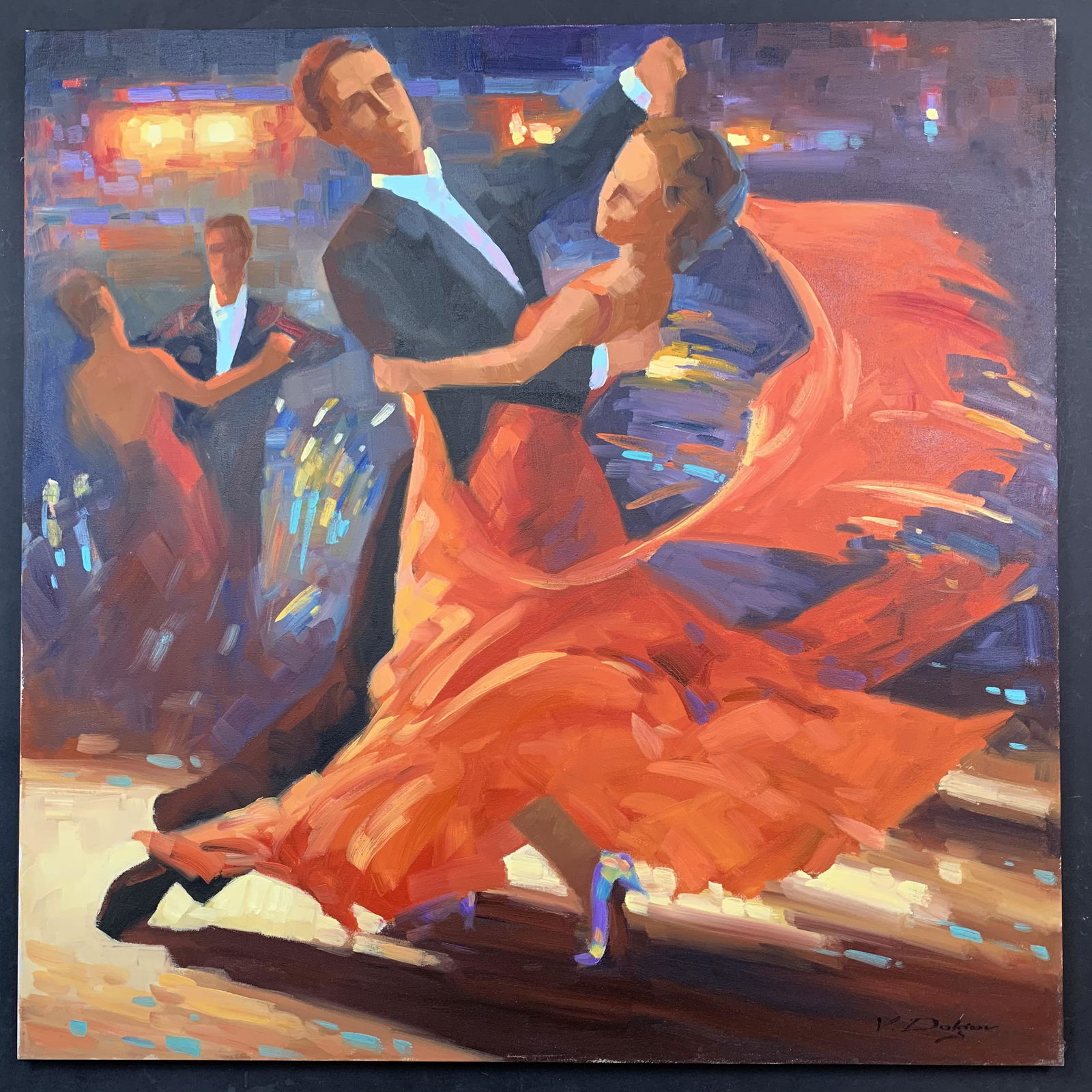 Vadim Dolgov, Untitled, Original on Canvas: Vadim Dolgov, Untitled, Original on Canvas. Two couples engaging in ballroom dancing. The women are wearing vibrant, colorful outfits. This piece is signed in the bottom right and is in excellent cond