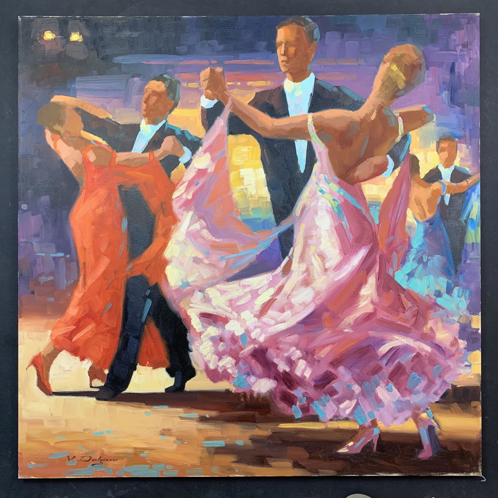 Vadim Dolgov, Untitled, Original on Canvas: Vadim Dolgov, Untitled, Original on Canvas. Two couples engaging in ballroom dancing. The women are wearing vibrant, colorful outfits. This piece is signed in the bottom right and is in excellent cond
