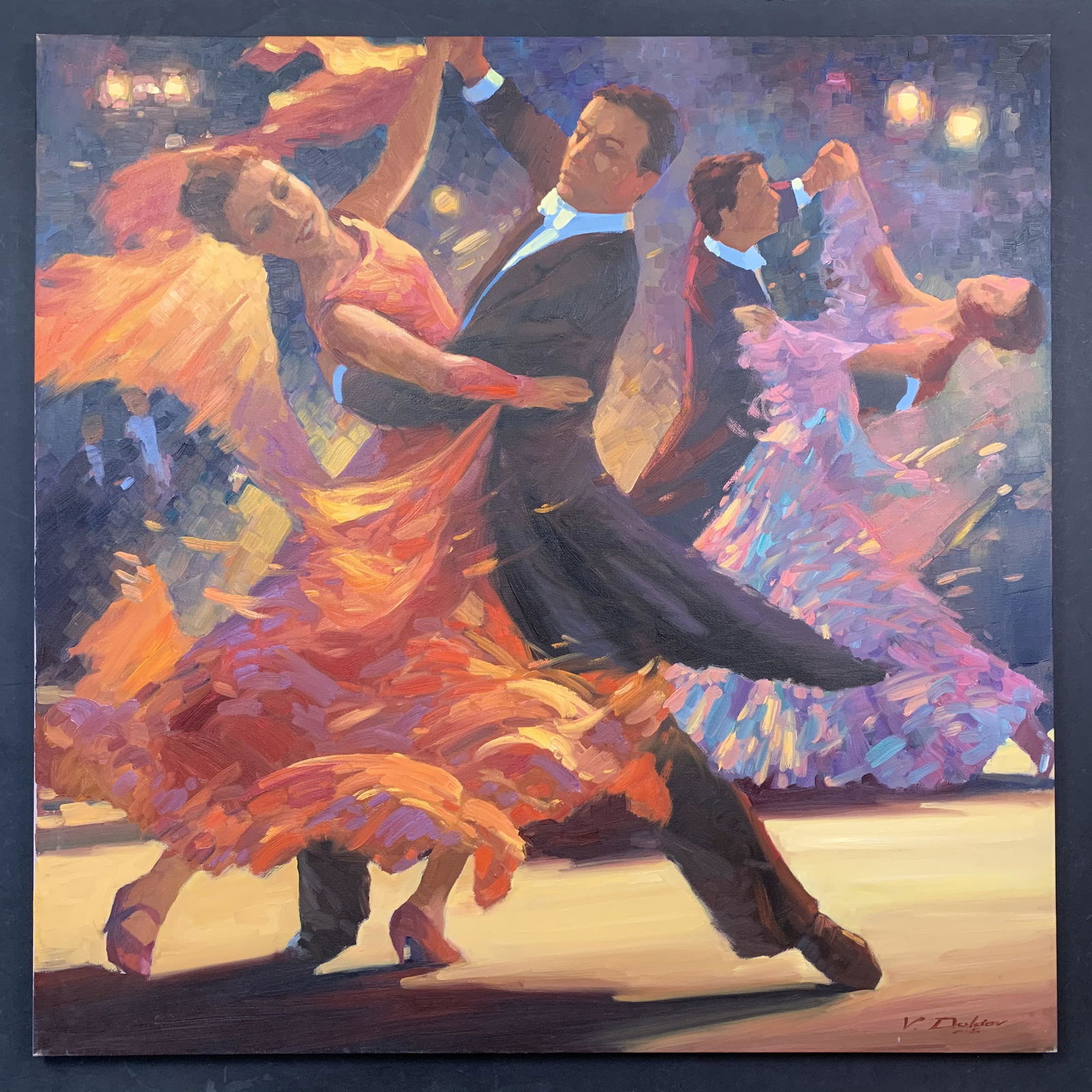 Vadim Dolgov, Untitled, Original on Canvas: Vadim Dolgov, Untitled, Original on Canvas. Two couples engaging in ballroom dancing. The women are wearing vibrant, colorful outfits. This piece is signed in the bottom right and is in excellent cond