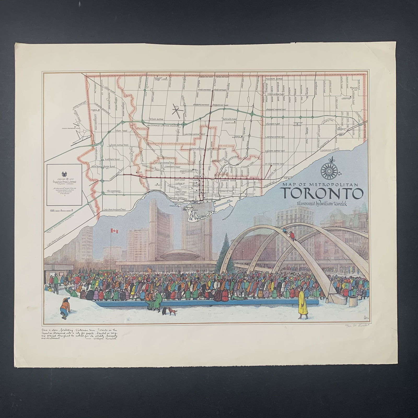 William Kurelek's "Map of Toronto" Limited Edition Print: William Kurelek's "Map of Toronto" limited edition print, signed and numbered lower right. A partial map of Metropolitan Toronto, with a scene of Nathan Phillips Square outside Toronto City Hall, fill
