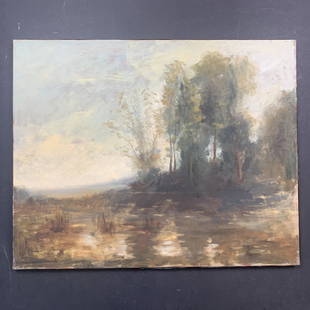 Richard Stipl, Untitled, Original Landscape on Canvas: Richard Stipl, Untitled, Original Landscape on Canvas. The island in the lake has many trees and shrubs. This piece is signed on the back and is in excellent condition Image: 24" x 30". Canvas: