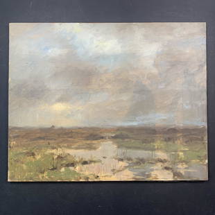 Richard Stipl, Untitled, Original Landscape on Canvas: Richard Stipl, Untitled, Original Landscape on Canvas. A small lake reflects the sky above. This piece is signed on the back and is in excellent condition Image: 24" x 30". Canvas: 24" x 30".