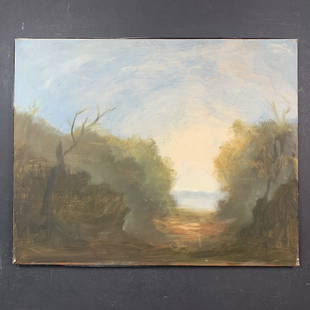 Richard Stipl's "Foggy Sunrise" Original Landscape: Richard Stipl's "Foggy Sunrise" Original Landscape on Canvas. An opening in the forest leads to the lake. This piece is signed and titled on the back and is in excellent condition Image: 24" x 30". Ca