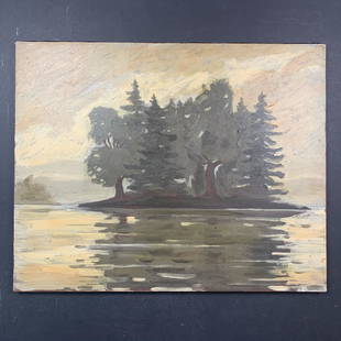 Richard Stipl's "North Swan Lake" Original Landscape: Richard Stipl's "North Swan Lake" Original Landscape on Canvas. An island in the lake contains several varieties of trees. This piece is signed and titled on the back and is in excellent condition Ima