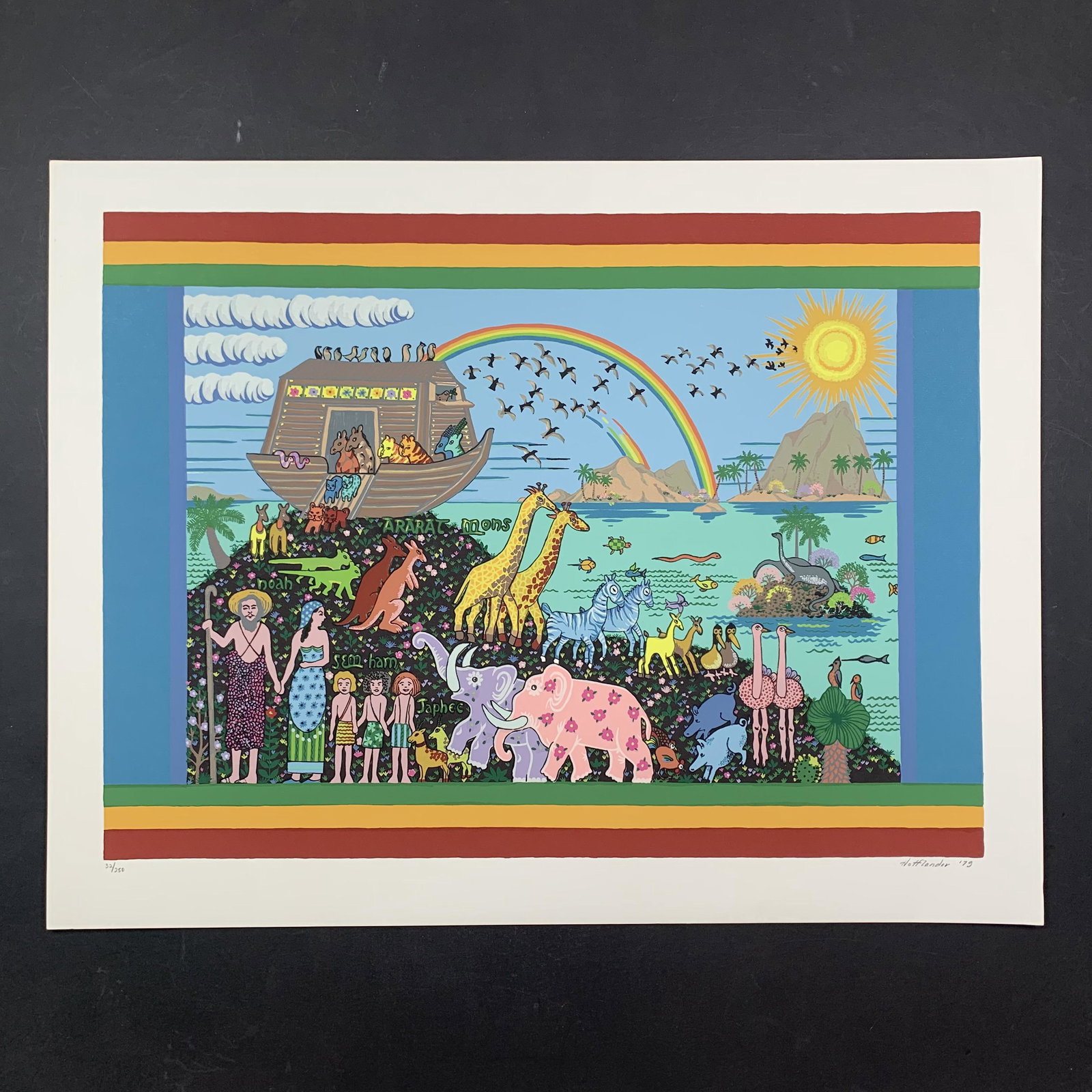 Jack Hofflander's "Noah's Ark" Limited Edition Print: Jack Hofflander's "Noah's Ark" limited edition print, signed and dated lower right, and numbered 32/250 lower left. This piece is of a family, and animals, in pairs, with Noah's ark at the top of a sm