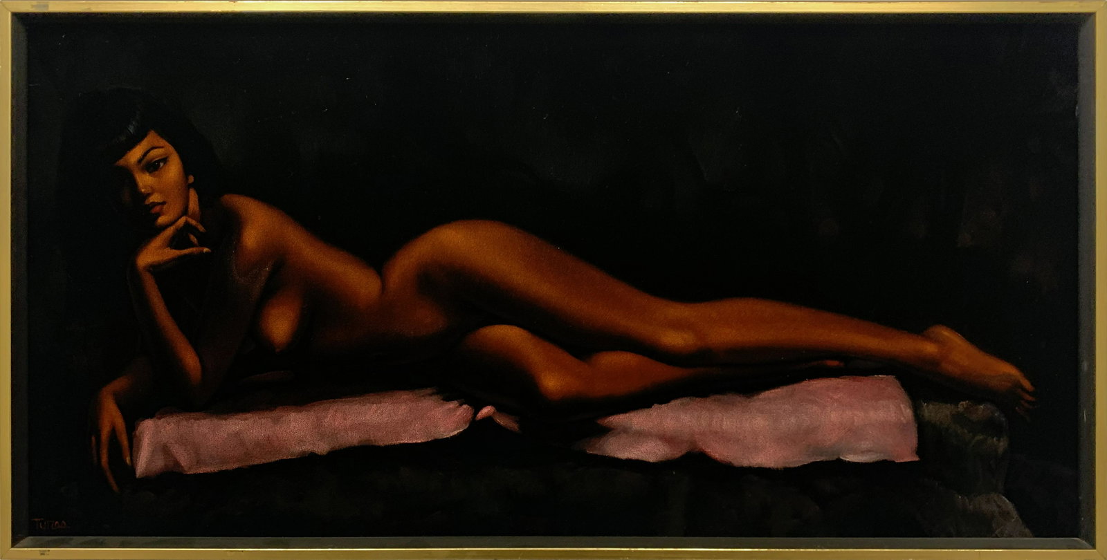 Burke Tyree's "Reclining Nude" Original Oil on Velvet: Burke Tyree's "Reclining Nude" original oil on velvet painting, circa 1970. Signed lower left, and titled and dated on reverse. This piece has been professionally custom framed, and both the velvet an