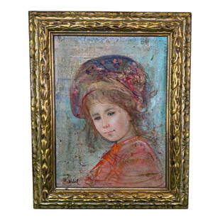 Edna Hibel's "Young Girl Wondering" Original: Edna Hibel (American, 1917â€“2014), untitled, (Young Girl Wondering), original oil on board painting. A young girl wearing a pink dress and a blue and pink bonnet, sits and appears to be waiting